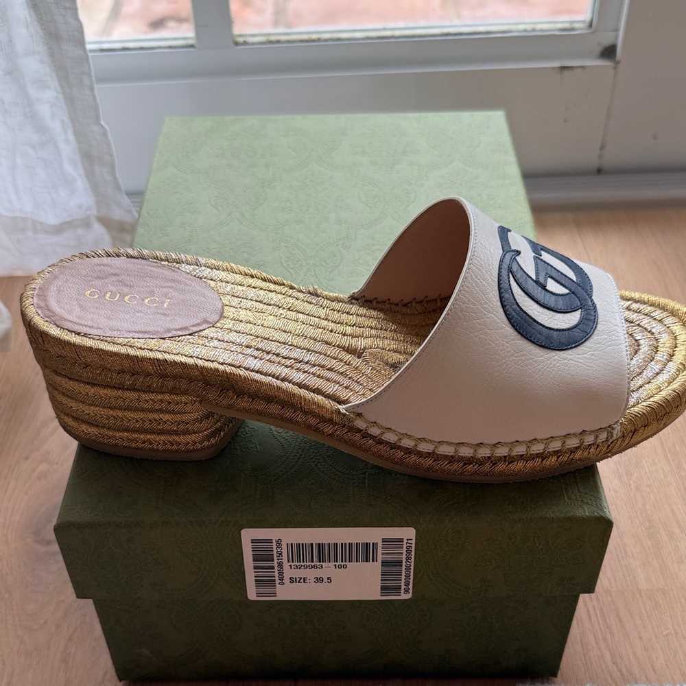 Gucci Women's Cream and Navy Blue Espadrille Slides - Picture 4 of 10